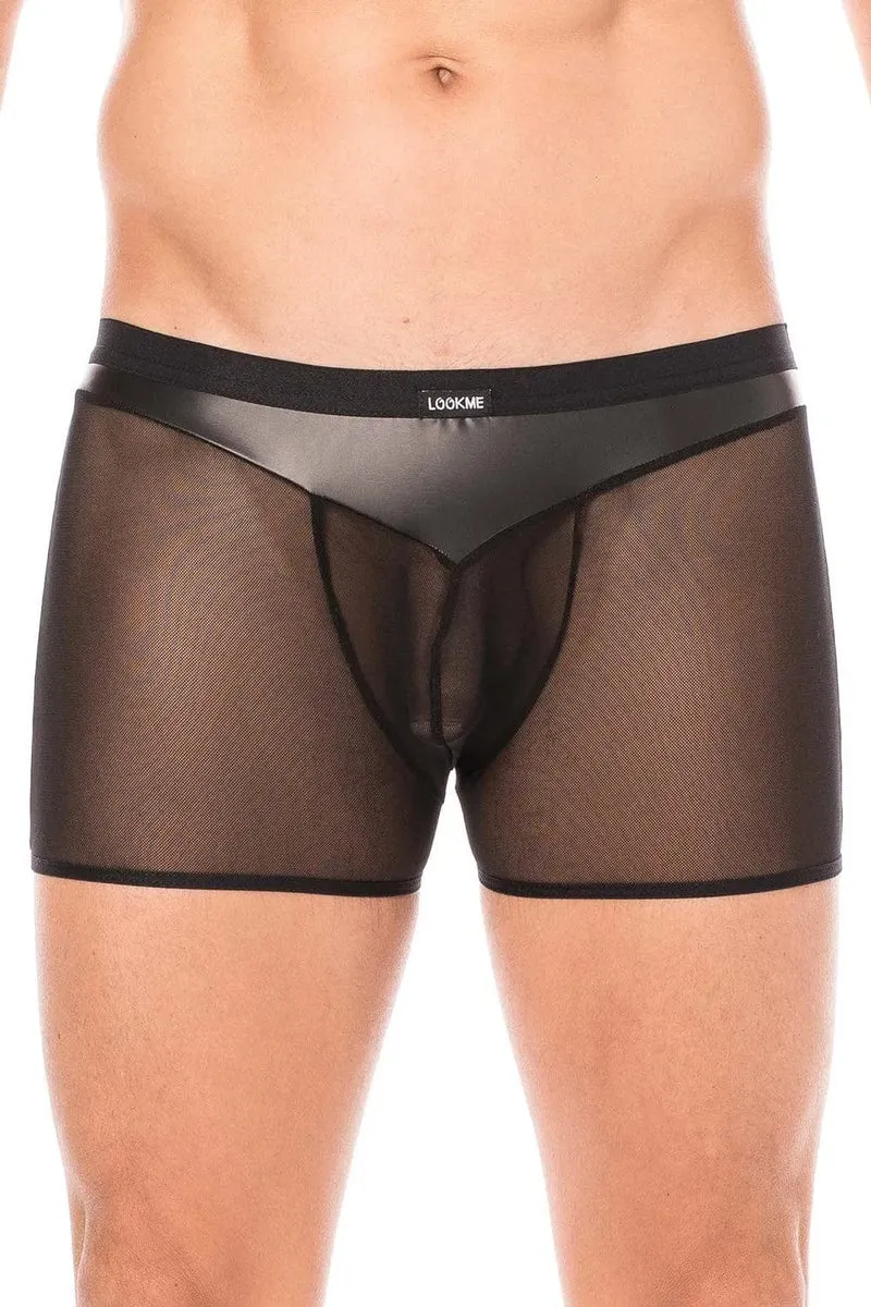 Boxer homme résille simili cuir noir brillant souple poche transparente arrière sexy audacieux ajusté confortable extensible élasthanne polyester