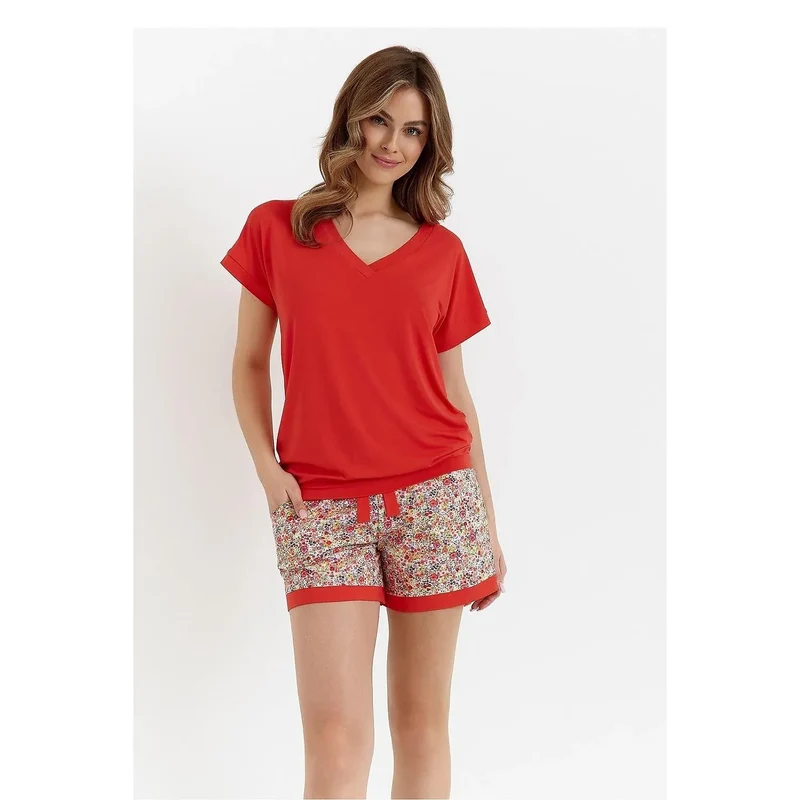 Pyjama femme en tissu de haute qualité confort style floral V-neck manches courtes short élastique poches coton bambou