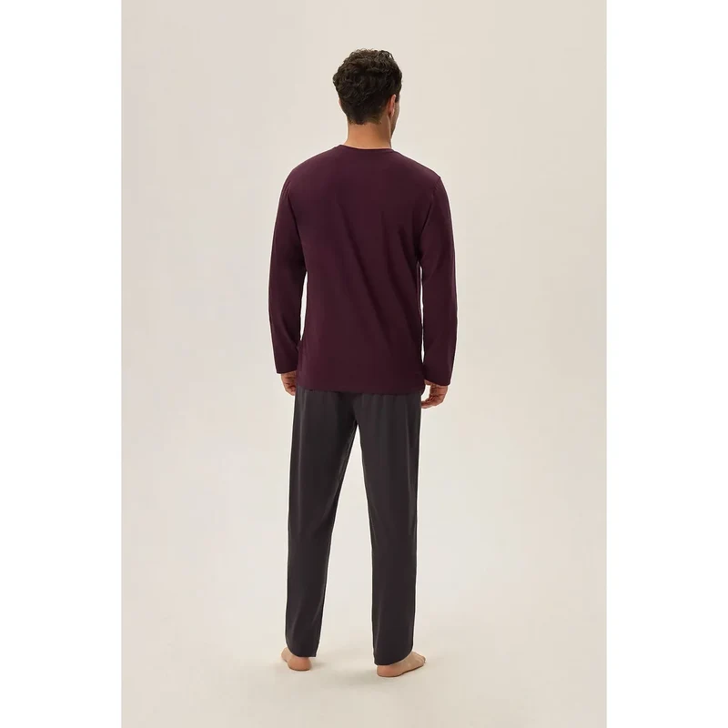 Pyjama homme bordeaux et gris foncé modèle Henderson 199747 two-pièces manches longues pantalon ample coton polyester confort chaleur hiver