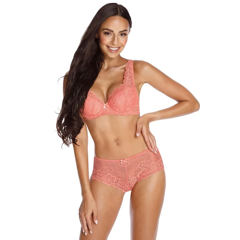 Shorty floral dentelle rose saumon sexy lingerie féminine culotte ajustée motifs floraux nœud déco elasthanne polyamide coton