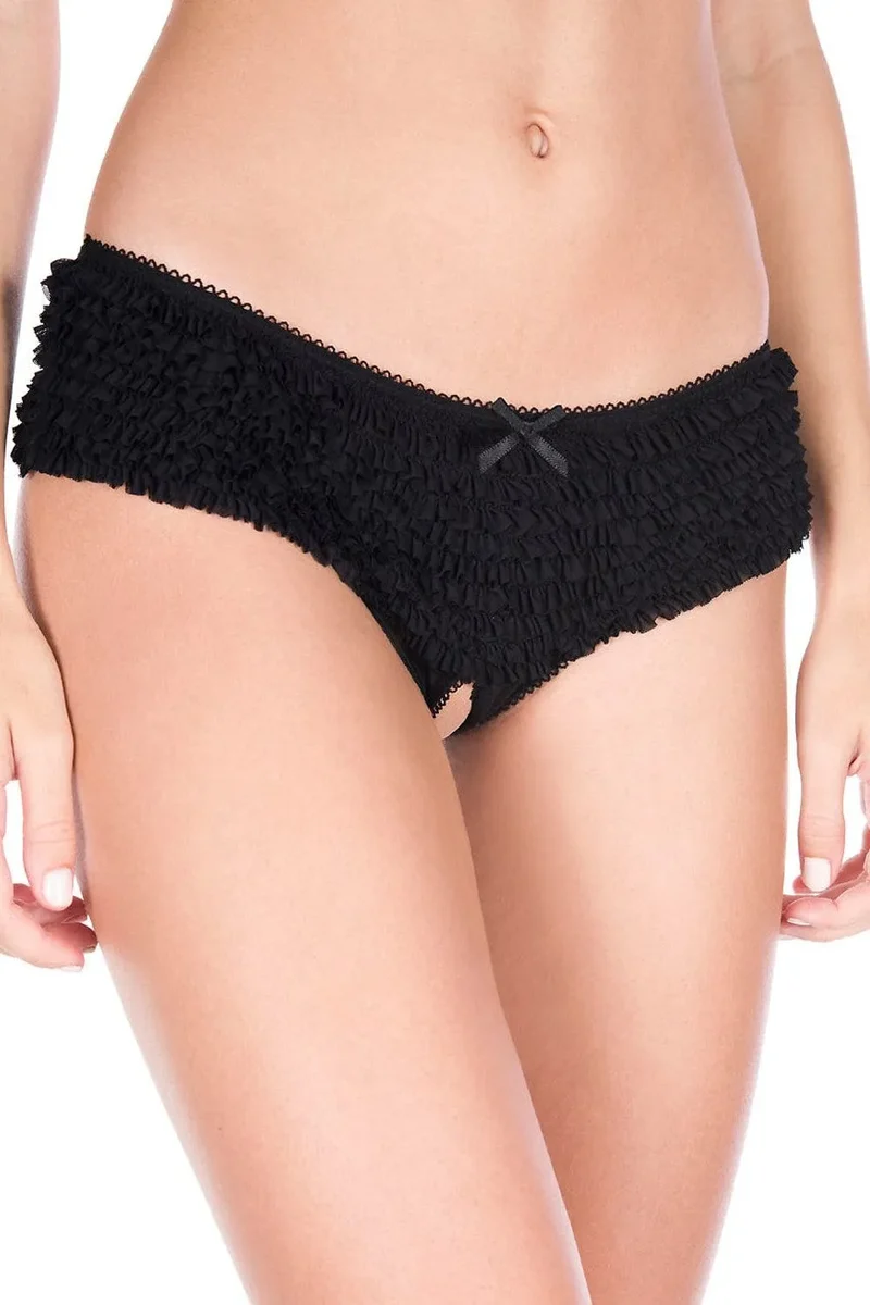 culotte coquine noire mousseline douce confortable élastique durable extensible coupe flatteuse féminine sensuelle entrejambe ouvert pratique
