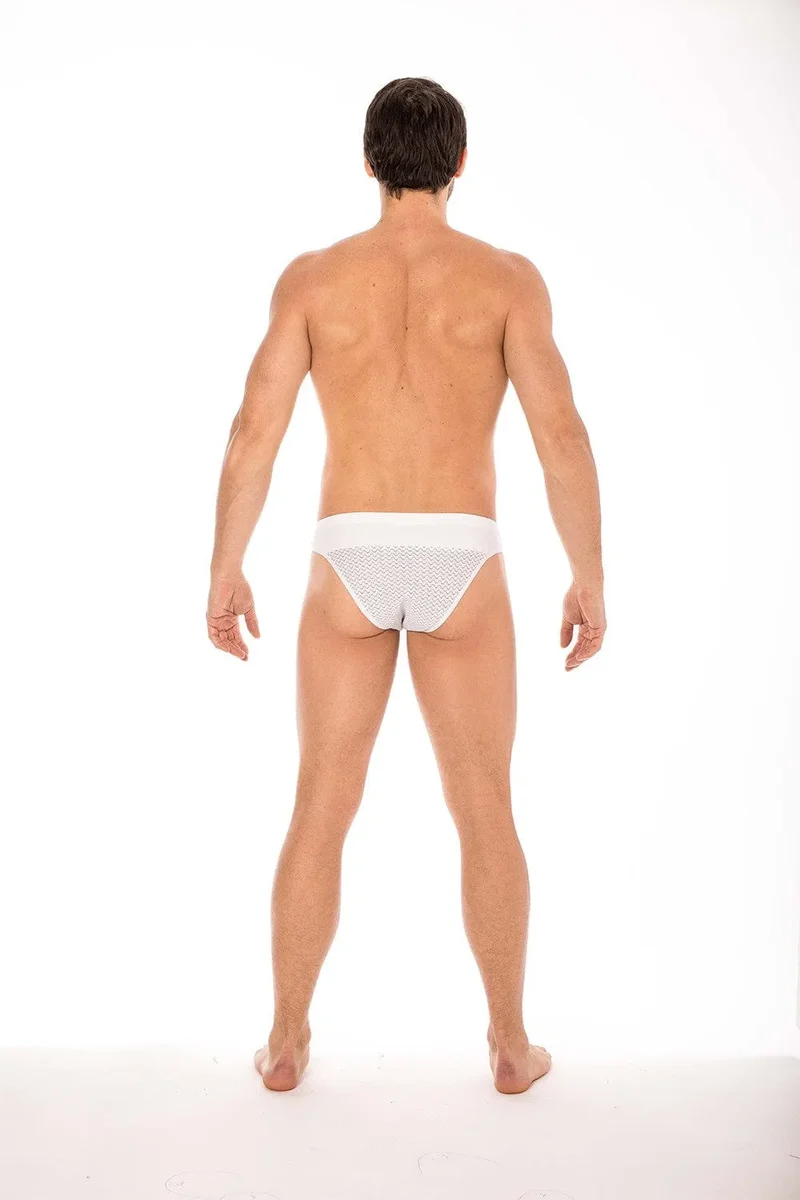 Slip blanc géométrique confortable homme ceinture large maintien optimal tissu doux polyamide élasthanne classique élégant