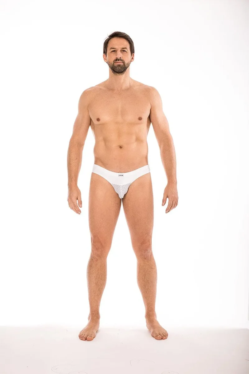 Slip blanc géométrique confortable homme ceinture large maintien optimal tissu doux polyamide élasthanne classique élégant