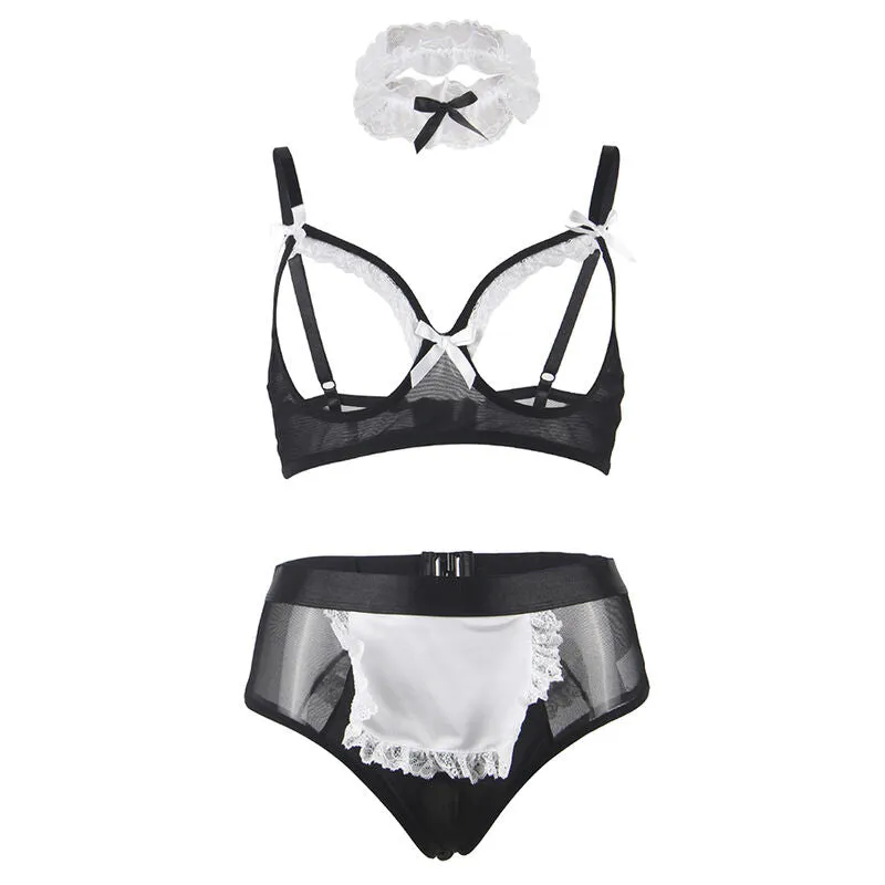 costume sexy servante lingerie noire blanche grande taille LXL femme voluptueuse audacieuse confortable extensible douce collier culotte provocante