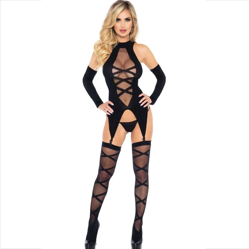 ensemble trois pièces body bas manches noir séduisant féminin glamour soirée séduction raffinée coupe flatteuse nylon extensible taille unique confortable