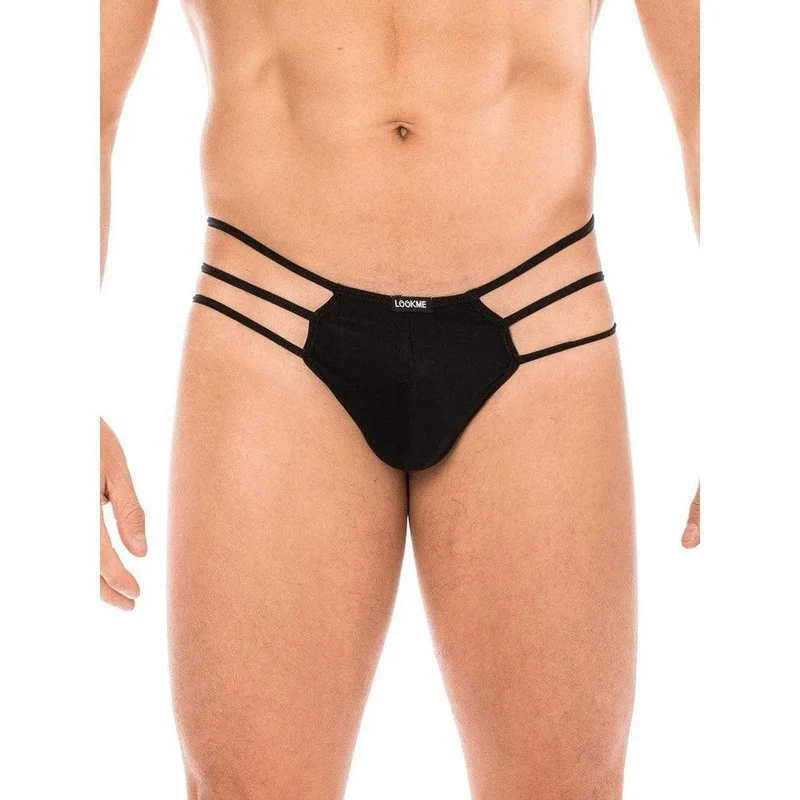 String homme noir sexy trois cordes côtés toile araignée opaque ceinture transparente arrière style minimaliste polyamide spandex extensible