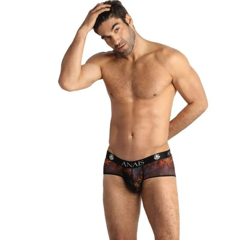tulle noir slip sportif imprimé palmiers lingerie sexy hommes respirant extensible doux coupe courte maintien confortable fabrication européenne matière élasthanne