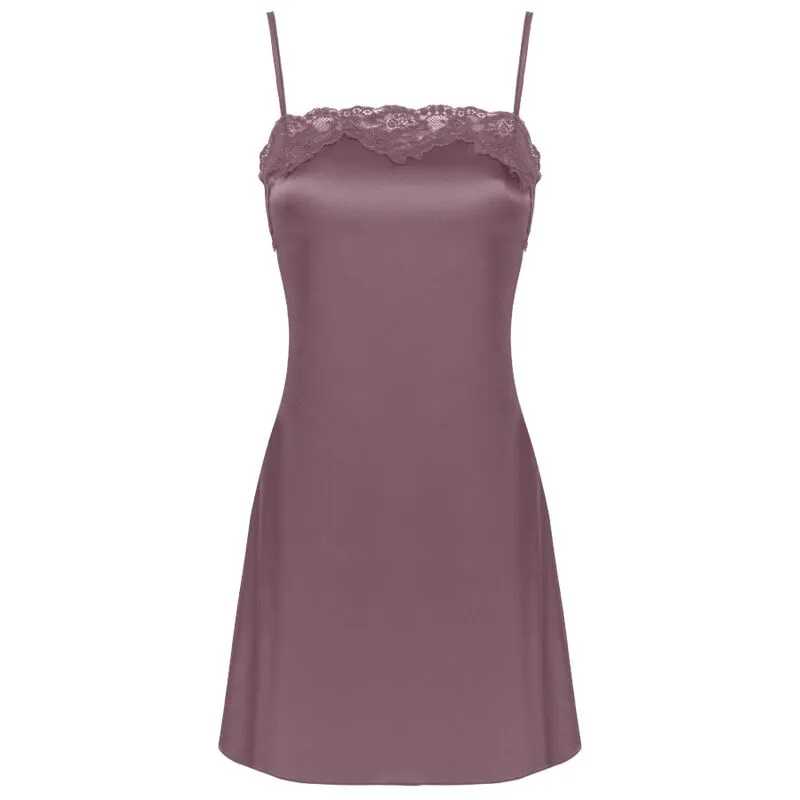 Ensemble lingerie satin violet dentelle Livco Corsetti luxe sensuel peignoir chemise string bretelles réglables confort tailles S M L XL