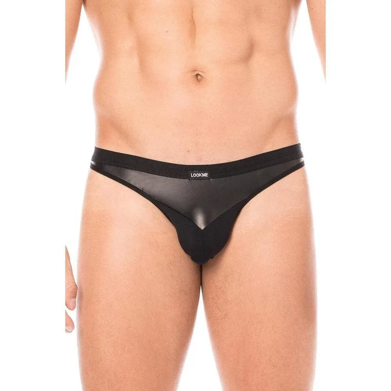 string homme noir érotique audacieux chic élégant sexy confortable doux opaque élastique extensible pointe similicuir polyester élasthanne