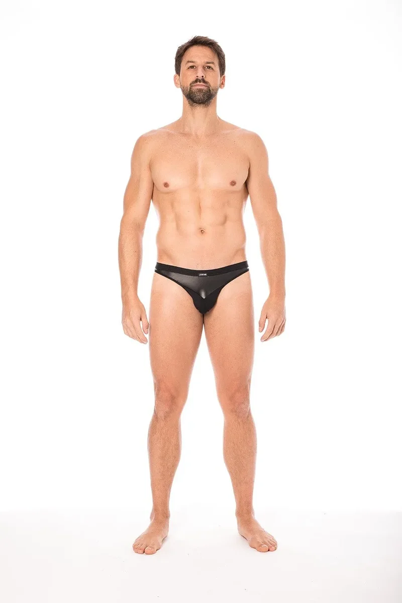 string homme noir érotique audacieux chic élégant sexy confortable doux opaque élastique extensible pointe similicuir polyester élasthanne