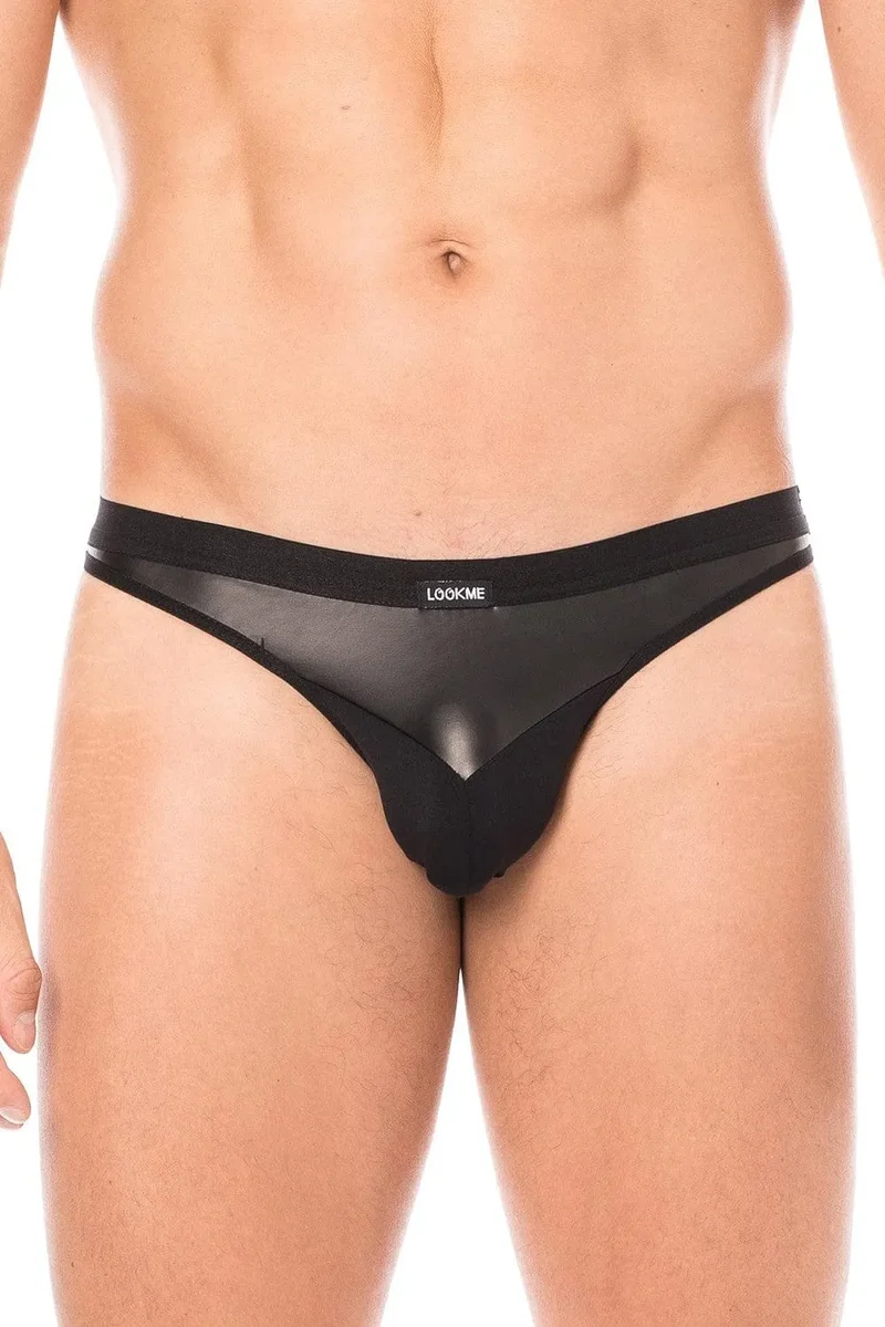 string homme noir érotique audacieux chic élégant sexy confortable doux opaque élastique extensible pointe similicuir polyester élasthanne