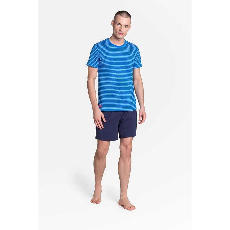 pyjama homme Henderson 151573 coton doux manches courtes rayures bleues noires bermuda bleu foncé respirant hypoallergénique coupe sportive intemporel élégant