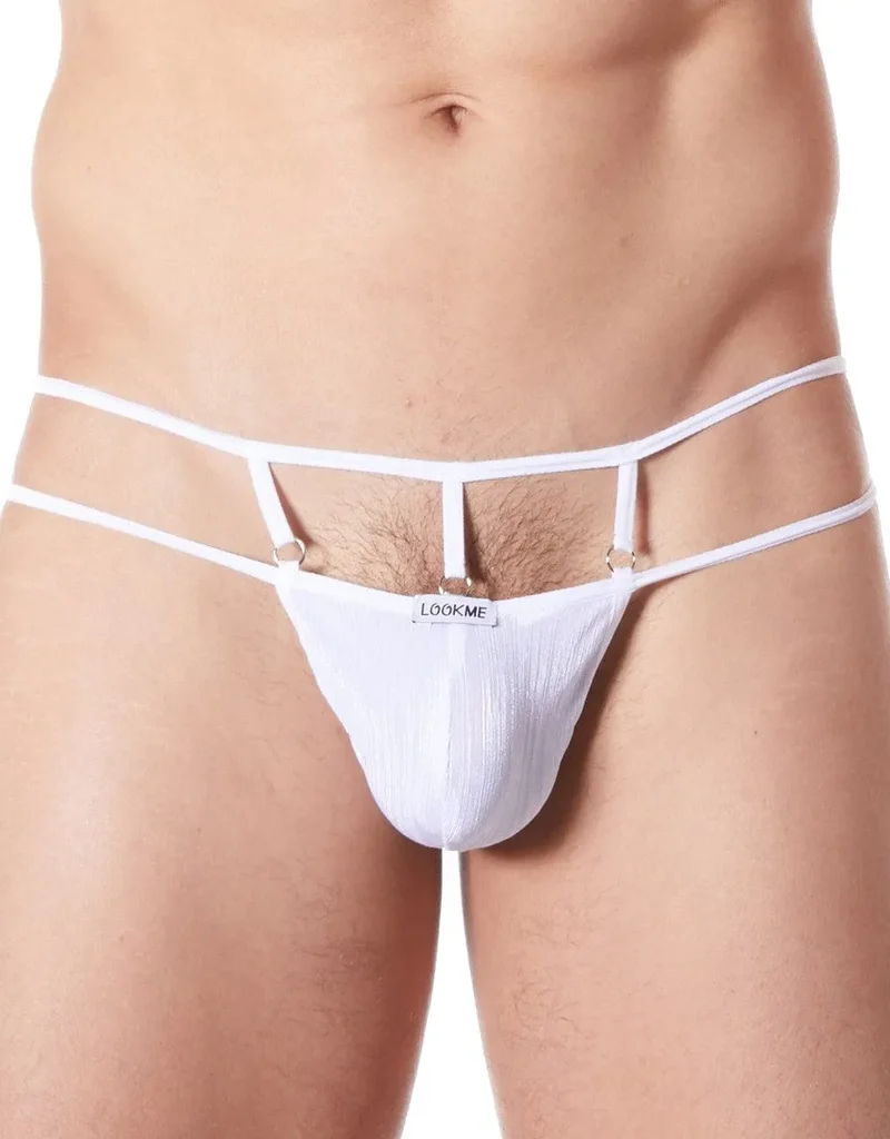 string sexy blanc élégant brillant satiné ornements délicats devant dos croisé confortable ajustement parfait polyester élasthanne glamour raffiné séducteur