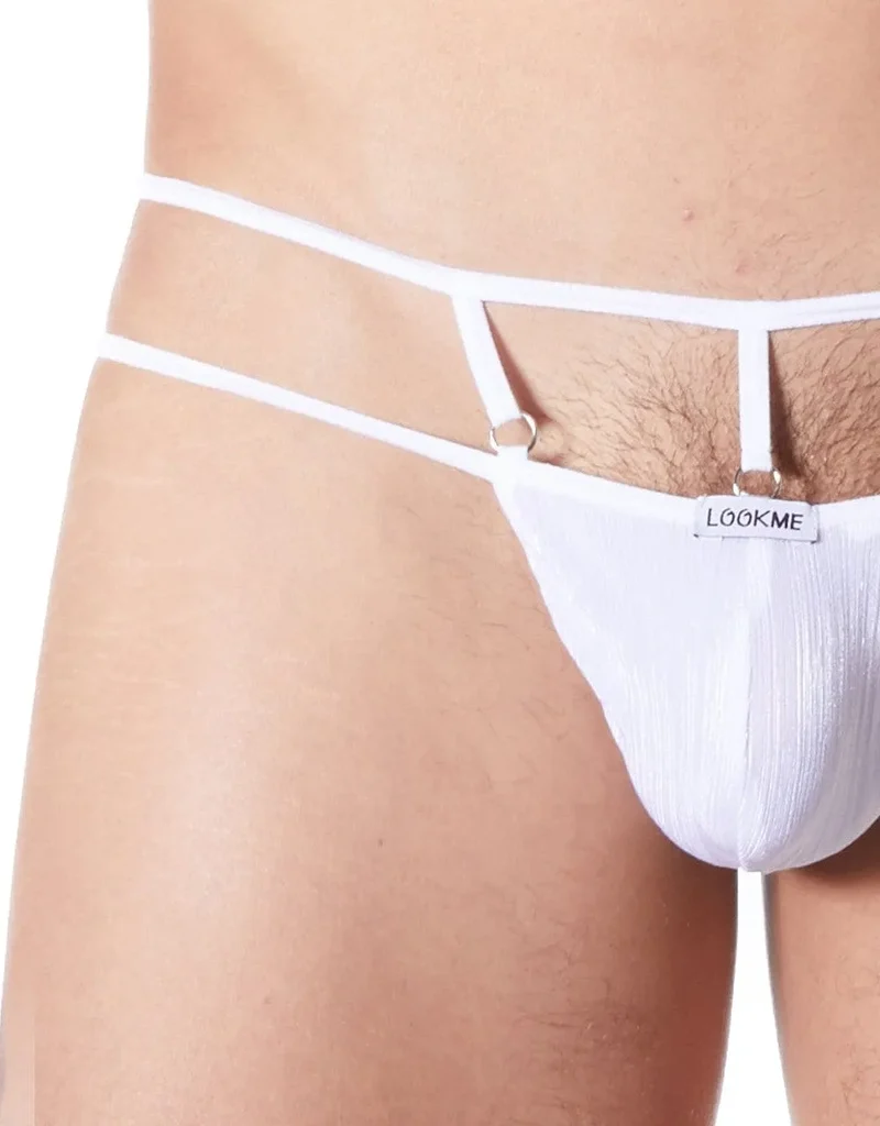 string sexy blanc élégant brillant satiné ornements délicats devant dos croisé confortable ajustement parfait polyester élasthanne glamour raffiné séducteur