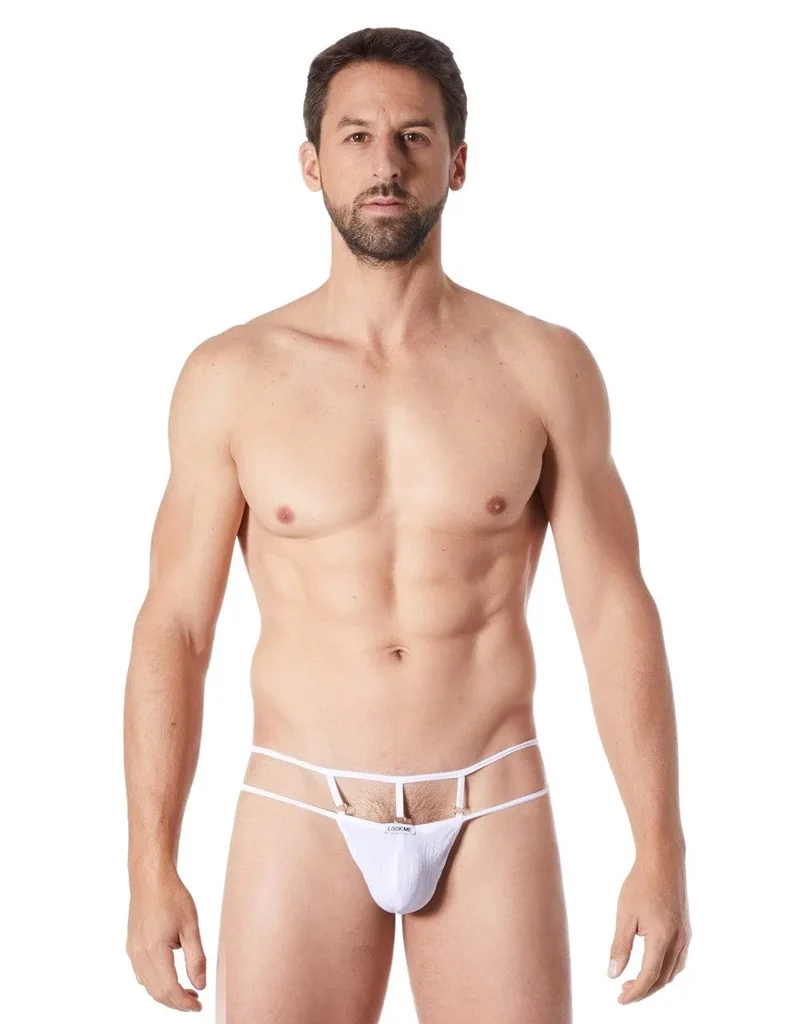 string sexy blanc élégant brillant satiné ornements délicats devant dos croisé confortable ajustement parfait polyester élasthanne glamour raffiné séducteur
