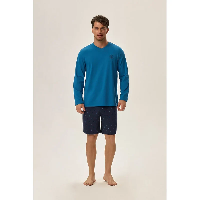 pyjama homme coton tricoté respirant confortable style marin haut manches longues col V coupe ample logo discret M L XL