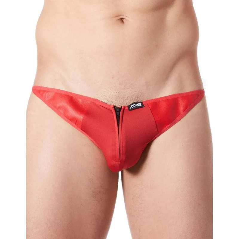 string rouge sexy fermeture éclair originale coupe plongeante triangle arrière tissu soyeux côtés cuir polyester élasthanne élastique ajustement Cube