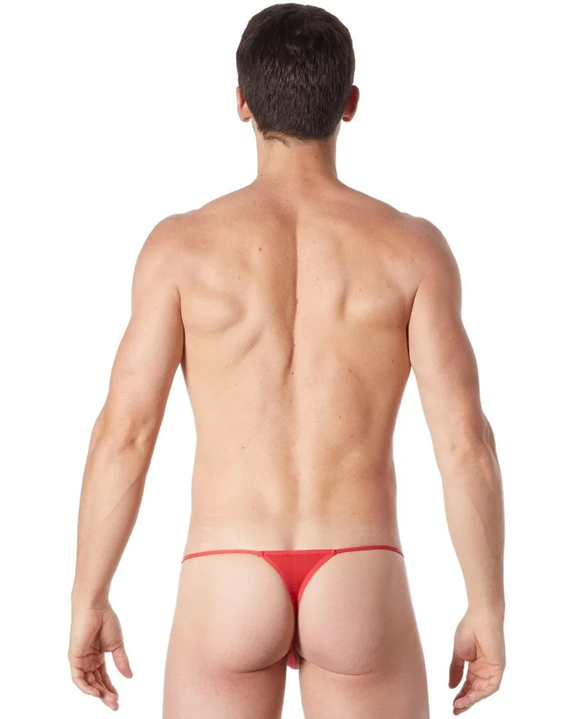 string rouge sexy fermeture éclair originale coupe plongeante triangle arrière tissu soyeux côtés cuir polyester élasthanne élastique ajustement Cube