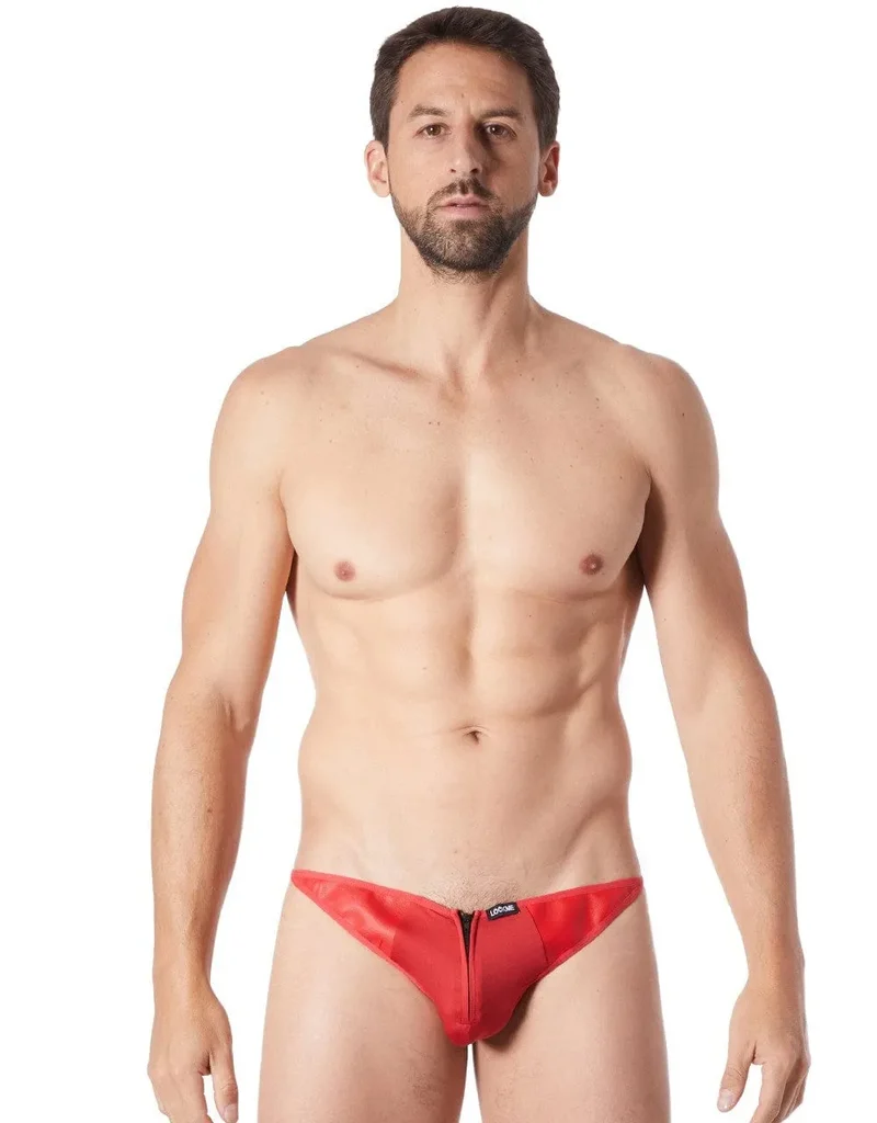 string rouge sexy fermeture éclair originale coupe plongeante triangle arrière tissu soyeux côtés cuir polyester élasthanne élastique ajustement Cube