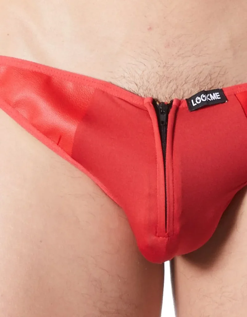 string rouge sexy fermeture éclair originale coupe plongeante triangle arrière tissu soyeux côtés cuir polyester élasthanne élastique ajustement Cube