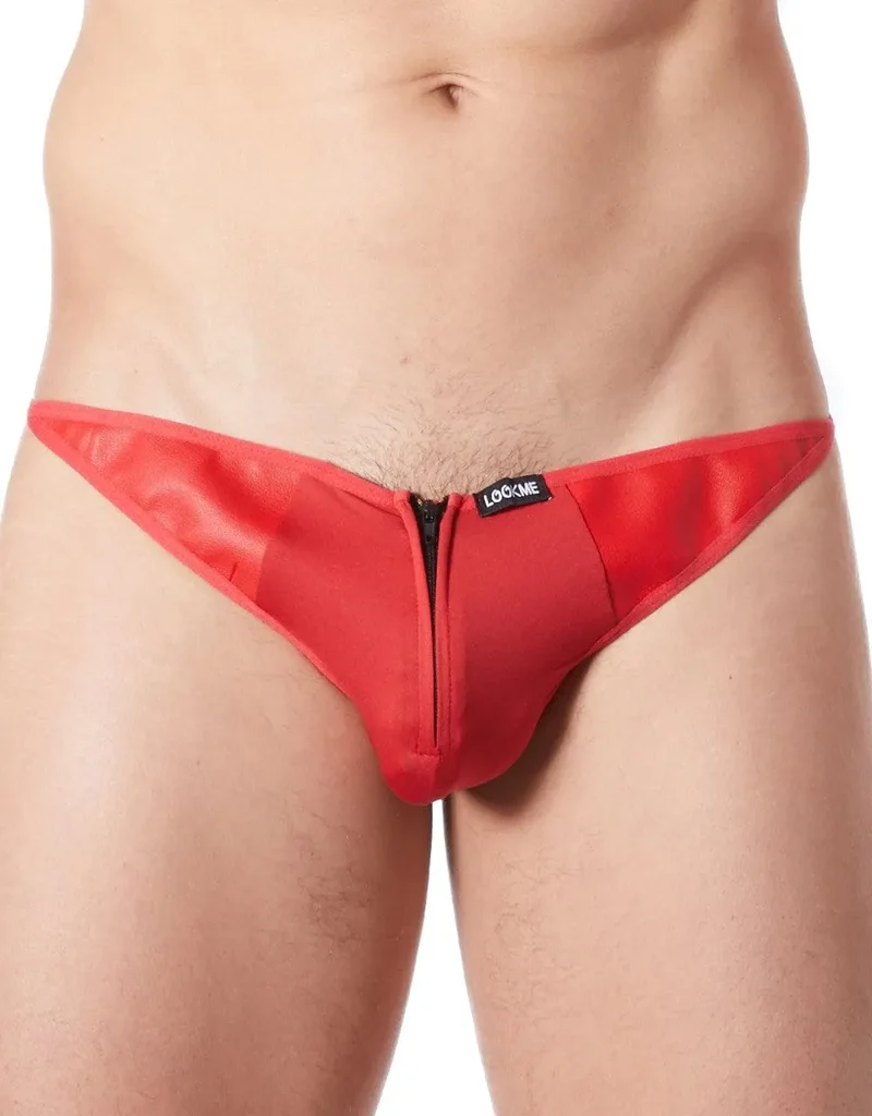 string rouge sexy fermeture éclair originale coupe plongeante triangle arrière tissu soyeux côtés cuir polyester élasthanne élastique ajustement Cube