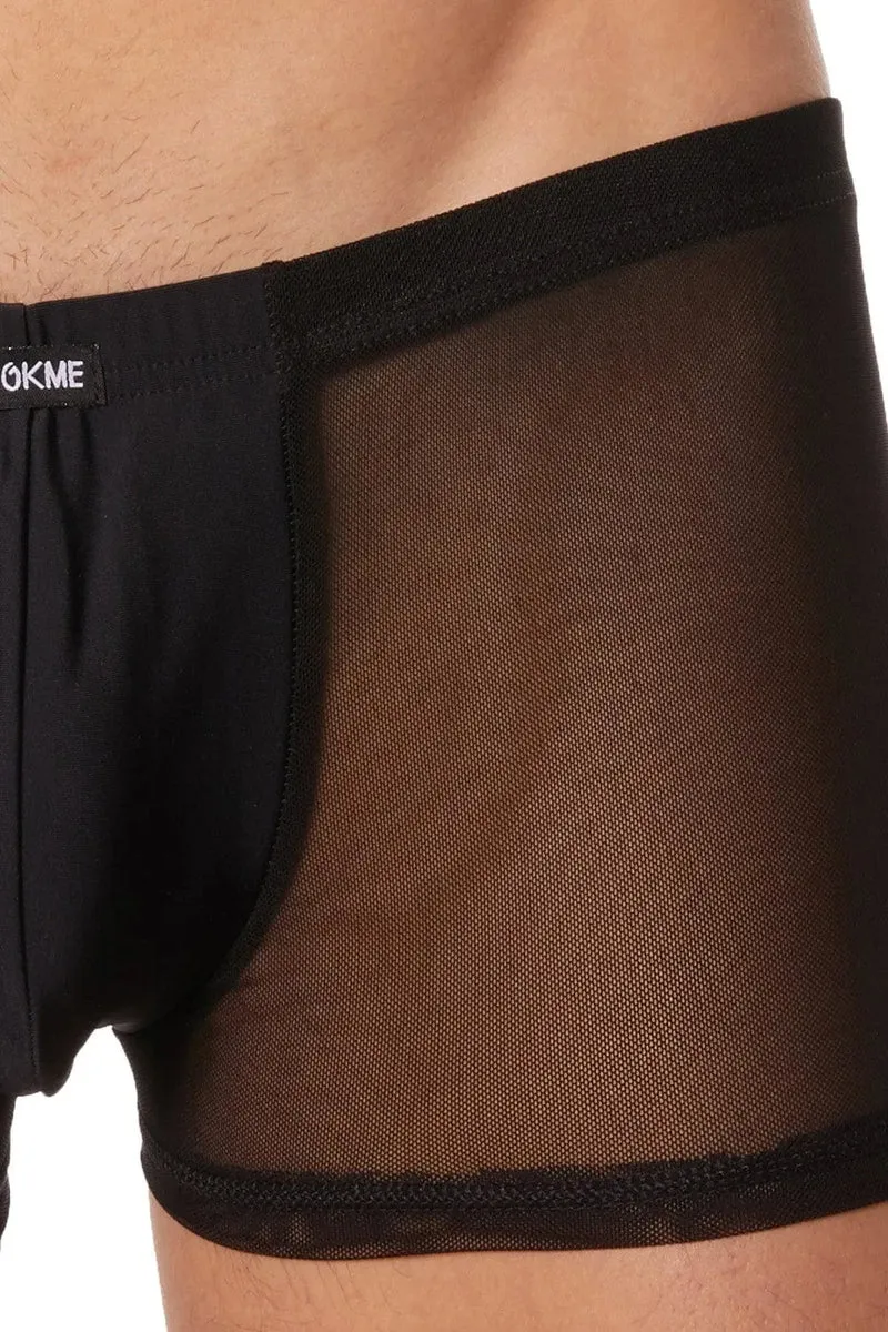 boxer homme noir maille transparente face avant anatomie opaque arrière brillant ajouré trous tissu fin polyester elasthanne sensuel tendance moderne