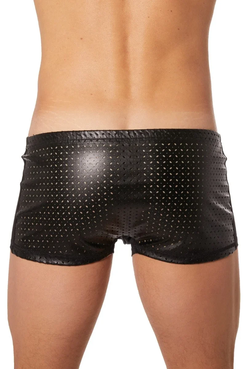 boxer homme noir maille transparente face avant anatomie opaque arrière brillant ajouré trous tissu fin polyester elasthanne sensuel tendance moderne