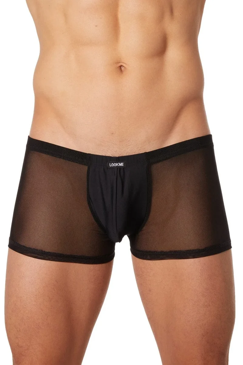 boxer homme noir maille transparente face avant anatomie opaque arrière brillant ajouré trous tissu fin polyester elasthanne sensuel tendance moderne