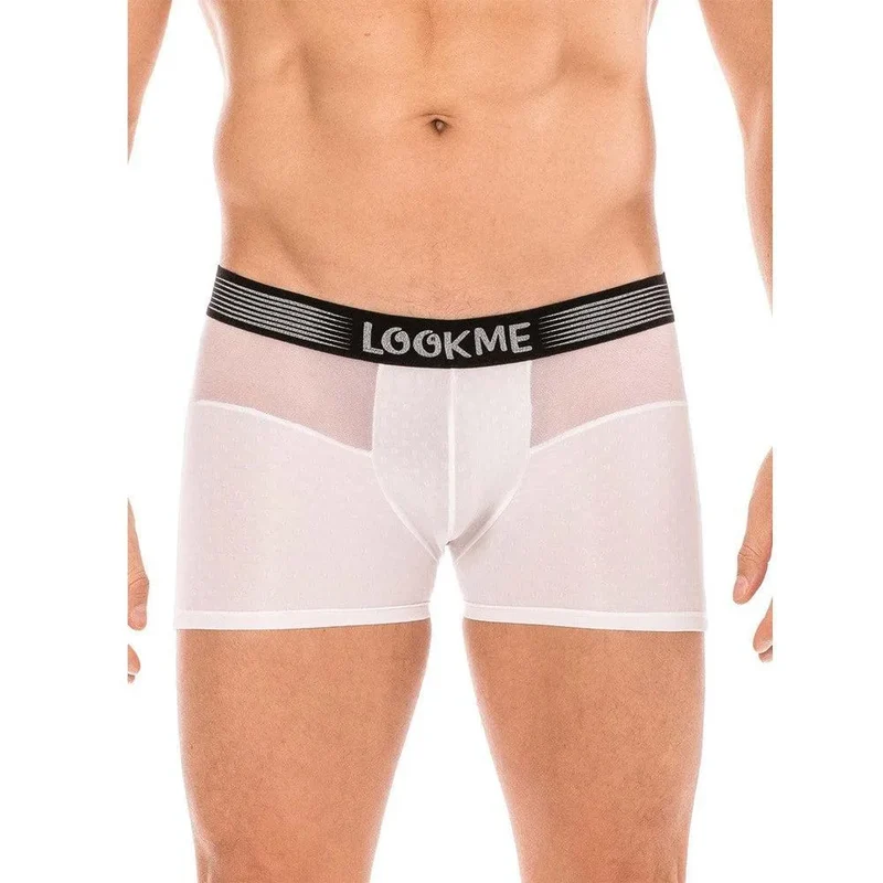 boxer blanc résille transparente devant arrière ceinture élastique large logo coupe design confortable polyamide élasthanne homme sexy audacieux