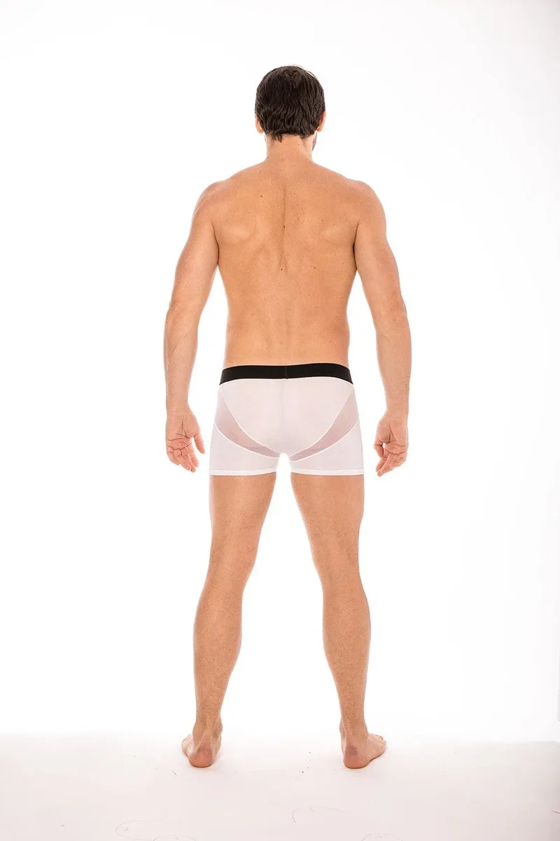 boxer blanc résille transparente devant arrière ceinture élastique large logo coupe design confortable polyamide élasthanne homme sexy audacieux