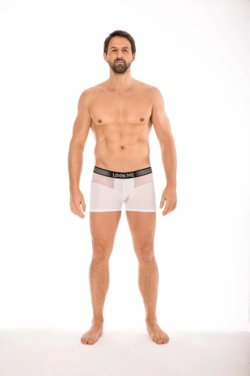 boxer blanc résille transparente devant arrière ceinture élastique large logo coupe design confortable polyamide élasthanne homme sexy audacieux