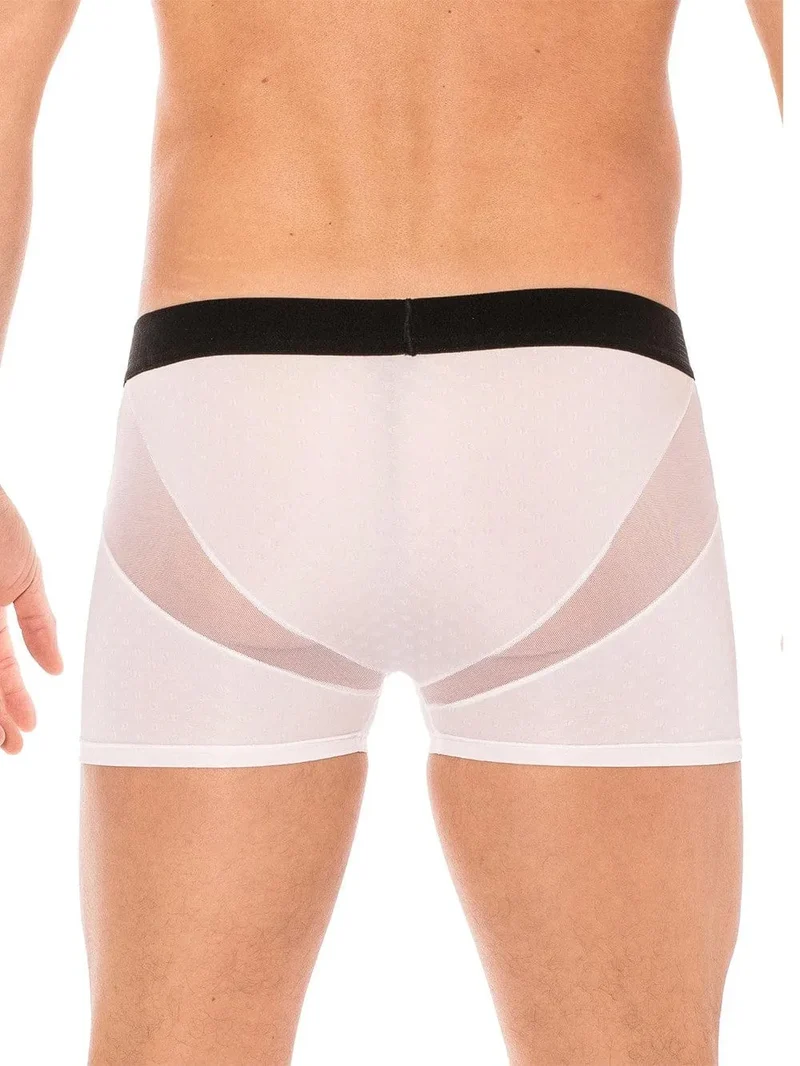 boxer blanc résille transparente devant arrière ceinture élastique large logo coupe design confortable polyamide élasthanne homme sexy audacieux