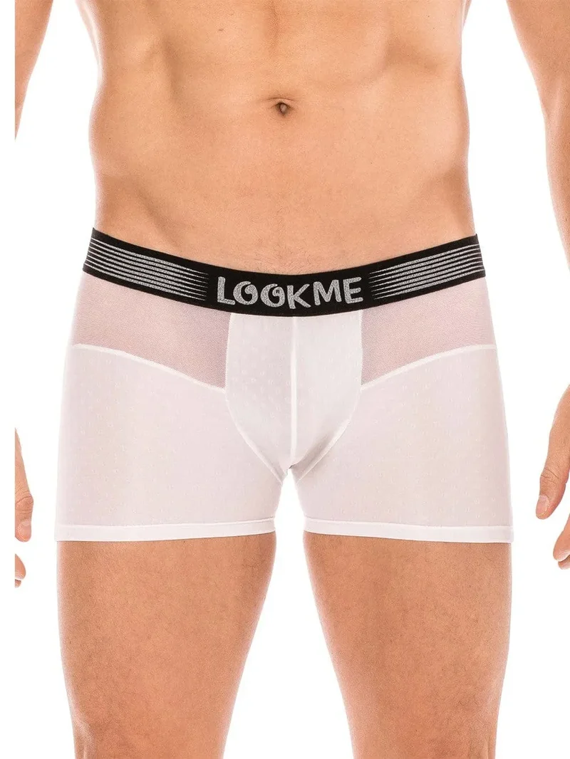 boxer blanc résille transparente devant arrière ceinture élastique large logo coupe design confortable polyamide élasthanne homme sexy audacieux
