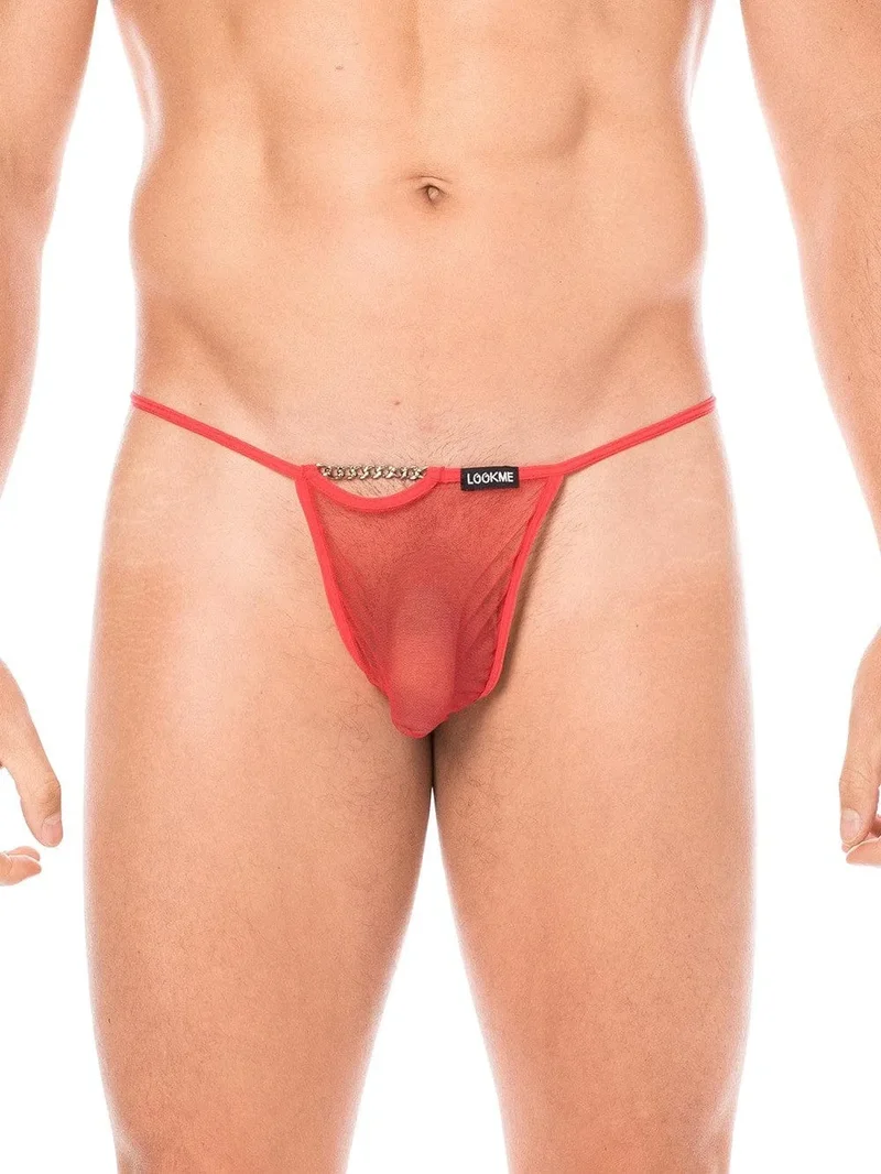 string rouge transparent chaînettes devant dos homme sensuel design confortable élégant sexy polyamide élasthanne extensible maille léger séduction