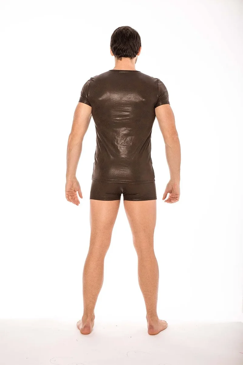 tshirt marron simili cuir effet mouillé masculin viril élégant confortable extensible polyester spandex slim ajusté soirée chic audacieux sexy