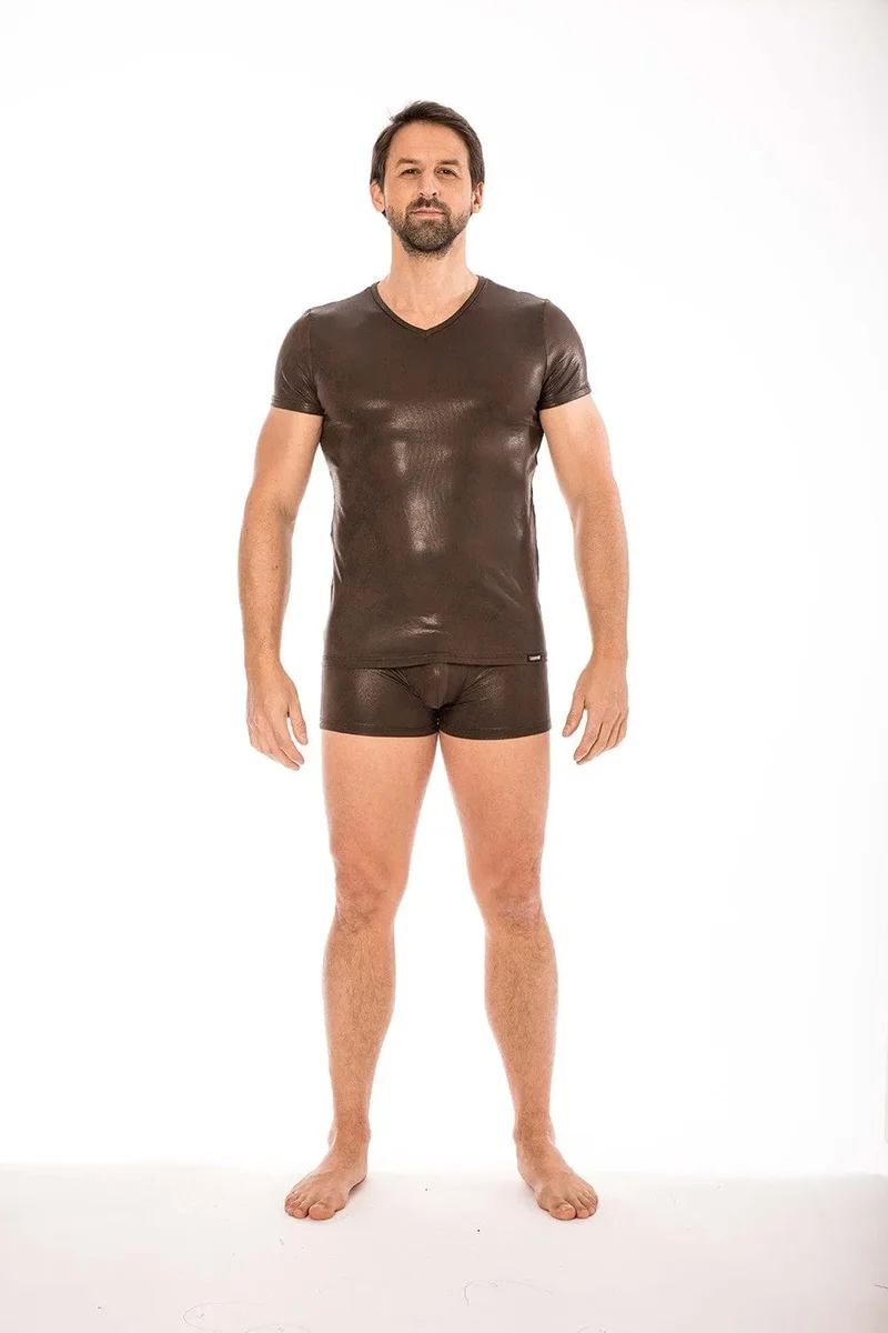tshirt marron simili cuir effet mouillé masculin viril élégant confortable extensible polyester spandex slim ajusté soirée chic audacieux sexy