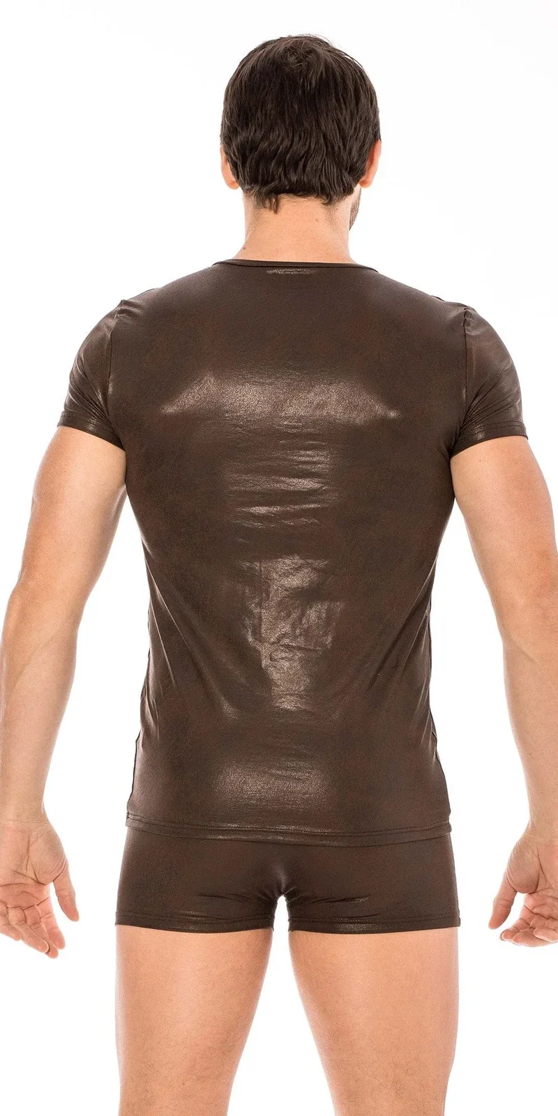 tshirt marron simili cuir effet mouillé masculin viril élégant confortable extensible polyester spandex slim ajusté soirée chic audacieux sexy