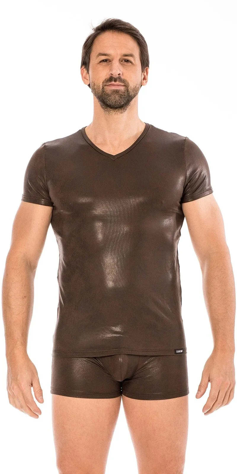 tshirt marron simili cuir effet mouillé masculin viril élégant confortable extensible polyester spandex slim ajusté soirée chic audacieux sexy