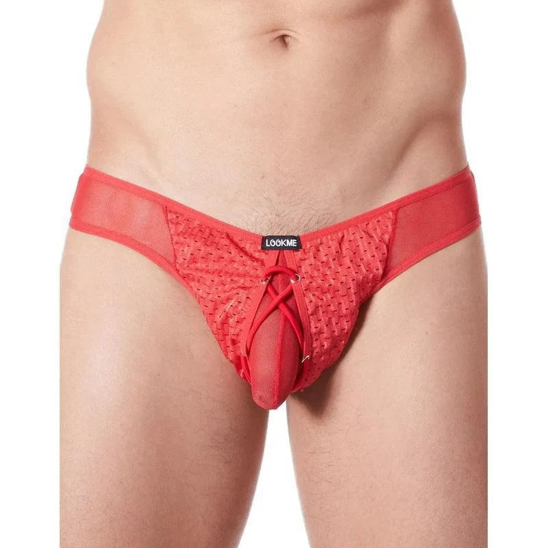 slip homme rouge sexy provocant string tanga maille fine transparent doublé opacité lacet réglable polyester élasthanne
