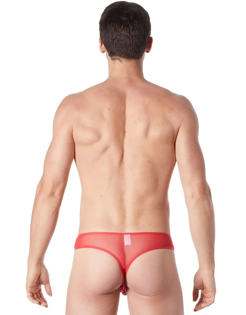 slip homme rouge sexy provocant string tanga maille fine transparent doublé opacité lacet réglable polyester élasthanne