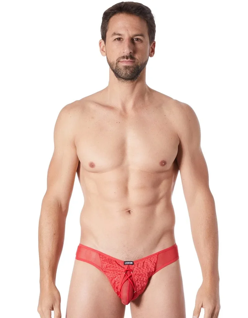 slip homme rouge sexy provocant string tanga maille fine transparent doublé opacité lacet réglable polyester élasthanne