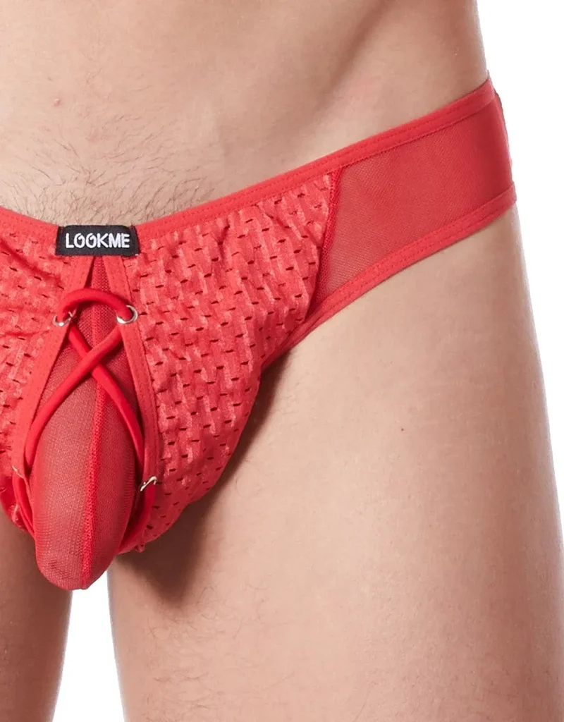 slip homme rouge sexy provocant string tanga maille fine transparent doublé opacité lacet réglable polyester élasthanne