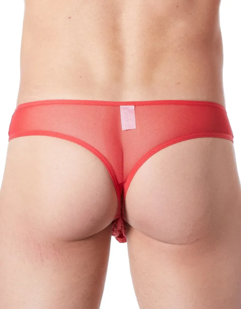 slip homme rouge sexy provocant string tanga maille fine transparent doublé opacité lacet réglable polyester élasthanne