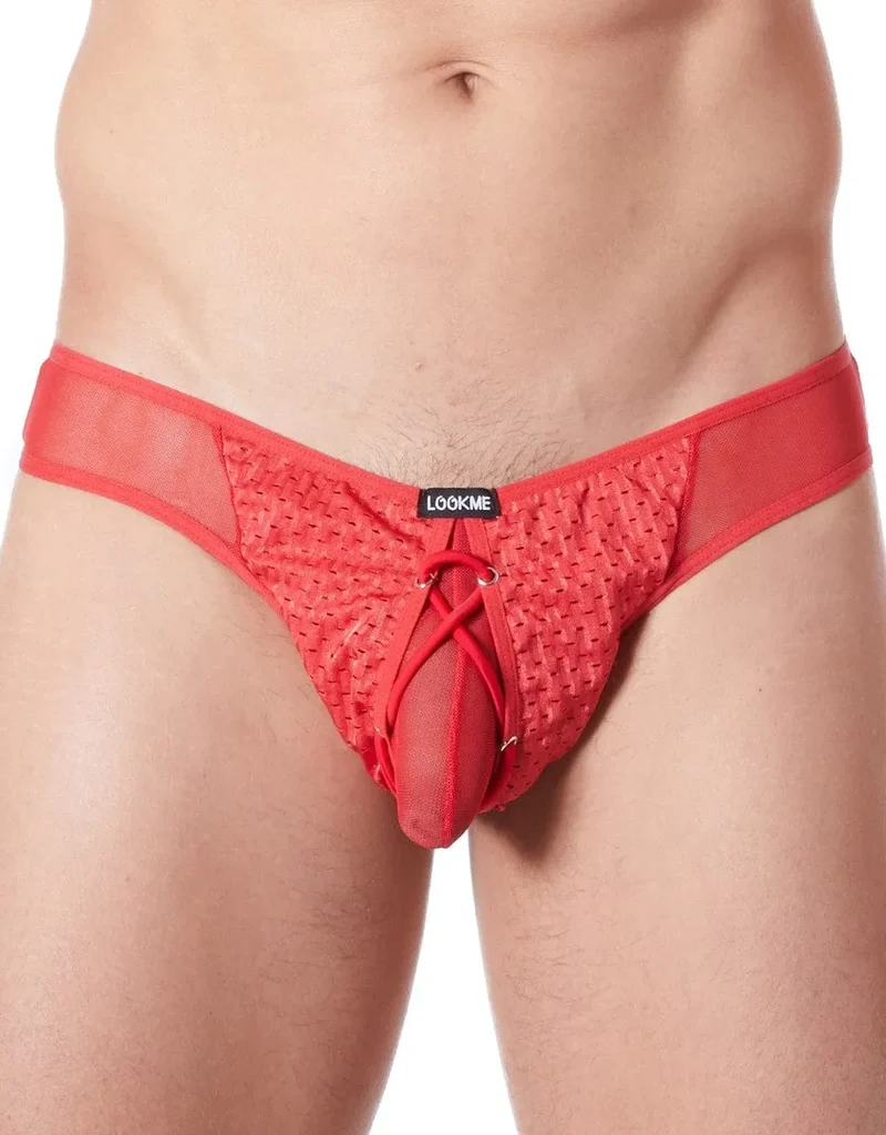 slip homme rouge sexy provocant string tanga maille fine transparent doublé opacité lacet réglable polyester élasthanne