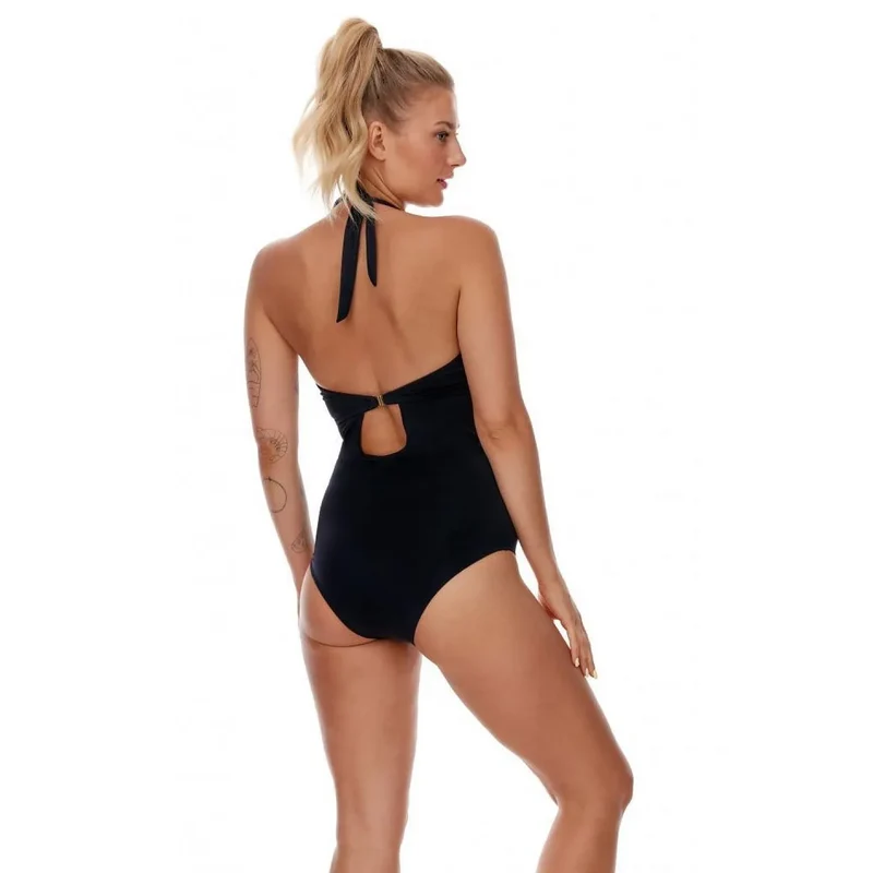 Maillot de bain une pièce sexy élégant noir dos ouvert fronce devant bonnets rembourrés soutien gorge licou plage piscine