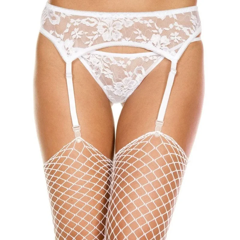 lingerie sexy blanche dentelle florale portejarretelles réglable string assorti élégante raffinée polyester élasthanne extensible confortable sensuelle