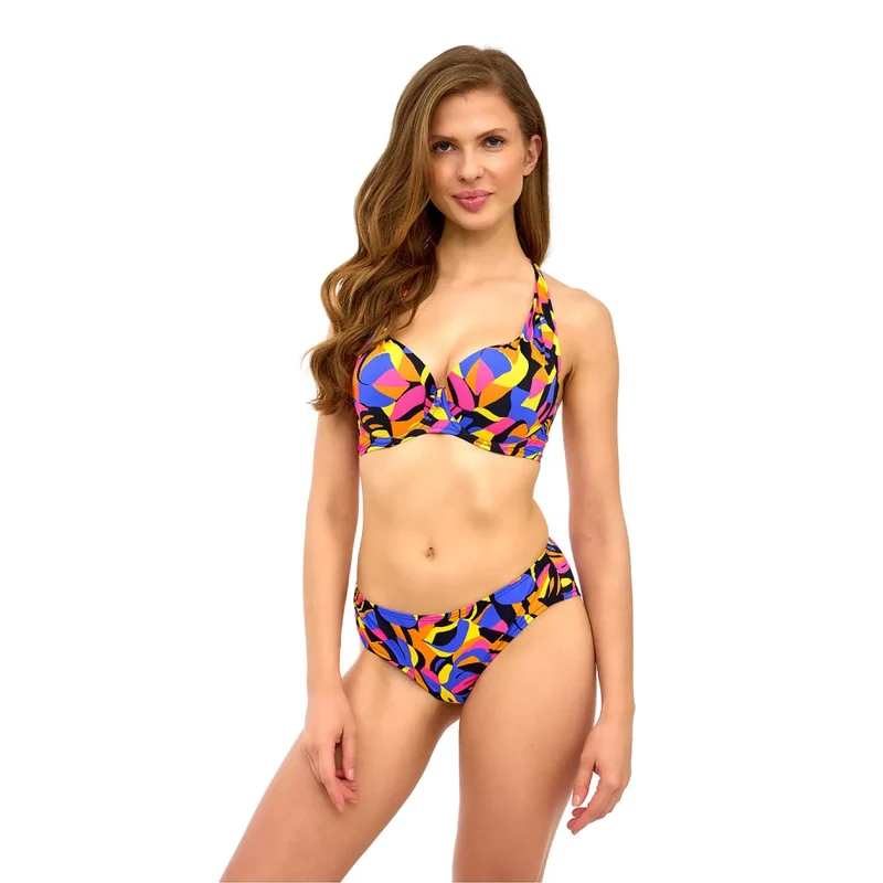 Bikini femme motifs géométriques couleurs vives bonnets rembourrés armatures maintien bretelles larges fermeture arrière matières élastiques durables plage piscine