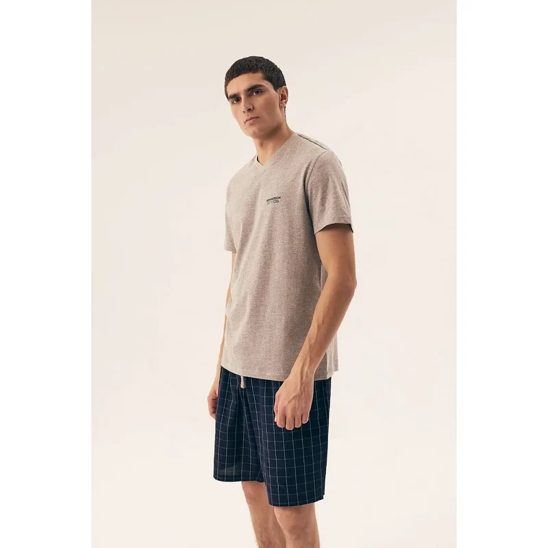 pyjama homme confortable moderne haut manches courtes colV coton doux respirant short carreaux taille élastique ajustable logo discret