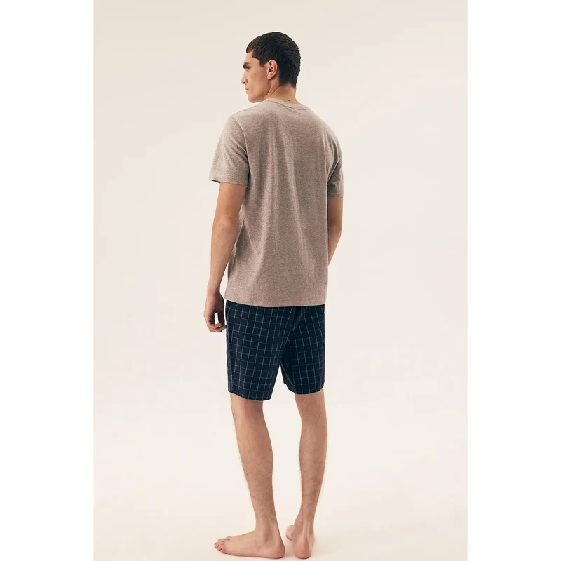 pyjama homme confortable moderne haut manches courtes colV coton doux respirant short carreaux taille élastique ajustable logo discret
