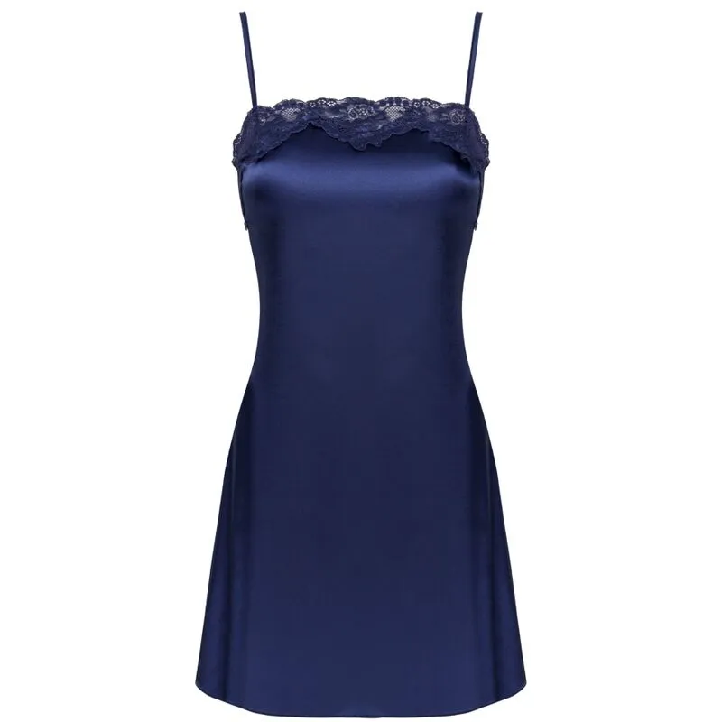 ensemble lingerie satin bleu marine dentelle peignoir mi cuisse tee shirt bretelles réglables string assorti élégance Livco Corsetti exclusif